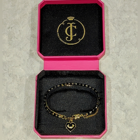 JUICY COUTURE BLACK HEART BEAD & GOLD  CHAIN BRACELET WITH HEART CHARM 2-STRAND - Picture 3 of 13